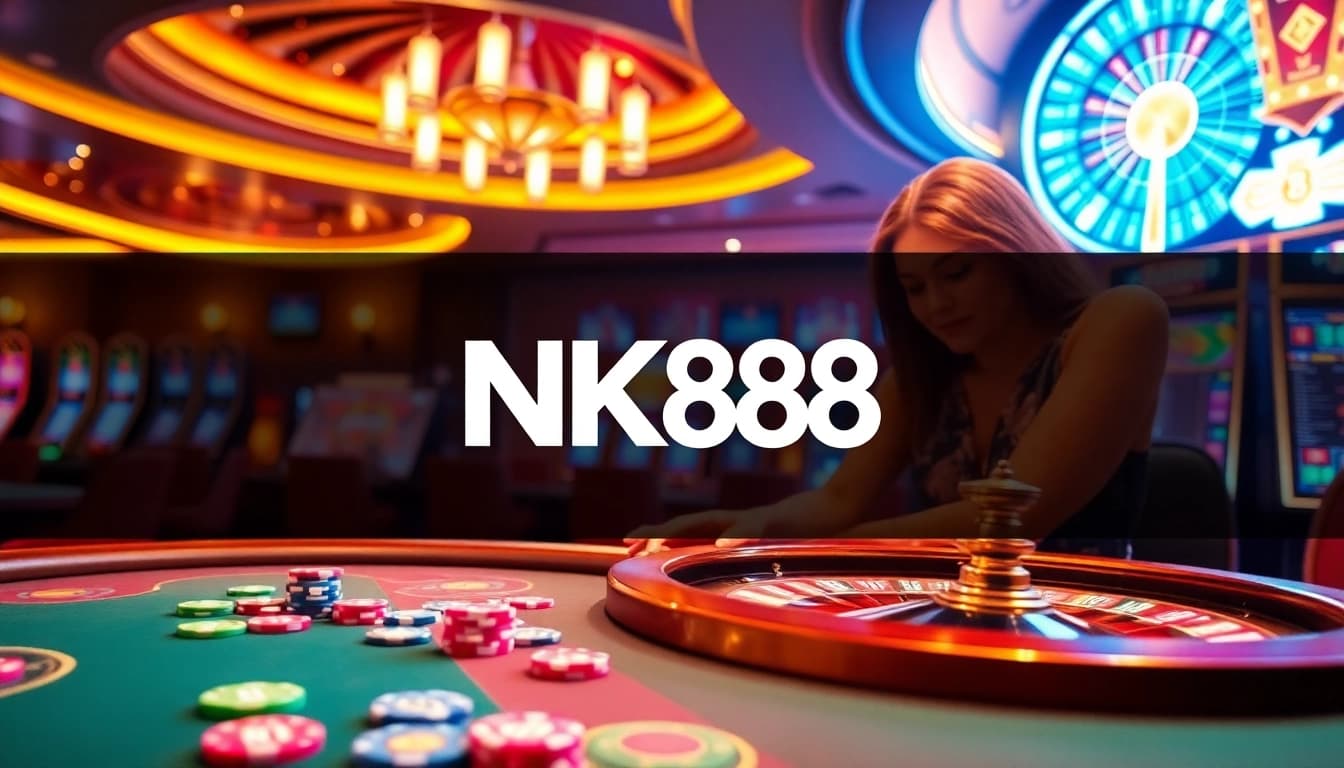 Players enjoying a thrilling game at the NK888 casino, featuring vibrant tables and exciting slot machines.