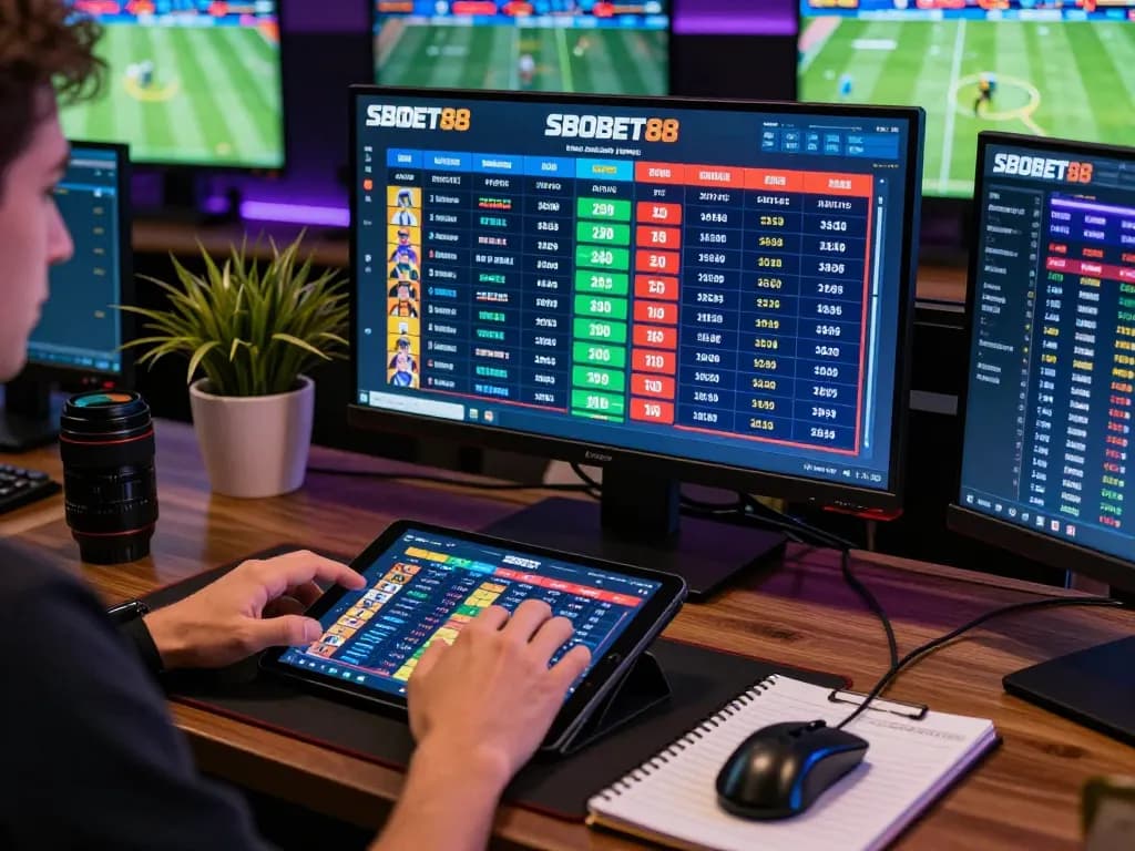 SBOBET88 betting scene with player using multiple screens for online betting and sports analysis.