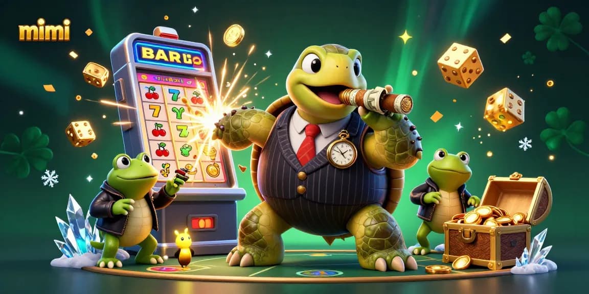 Win big with mimi gaming featuring an engaging turtle and bullfrogs illustration.