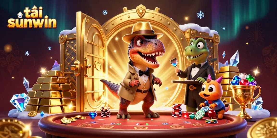 Engage in thrilling games while downloading tải sunwin at a vibrant casino scene featuring playful dinosaurs.