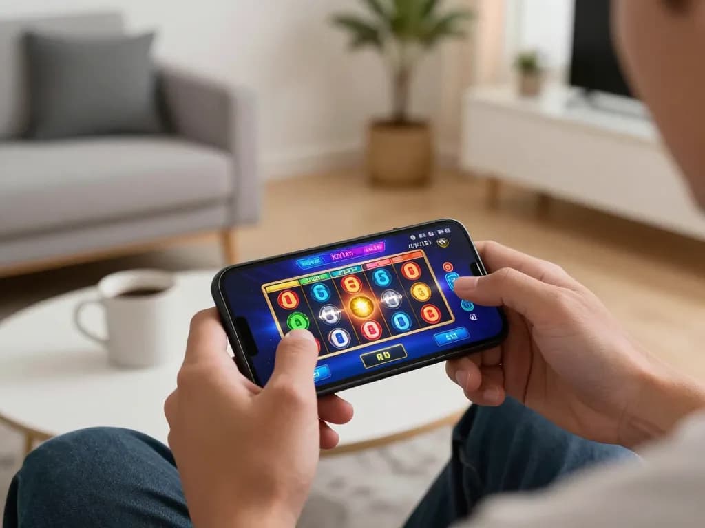 Engaged player enjoying kdslot mobile gameplay on smartphone in a stylish home setting
