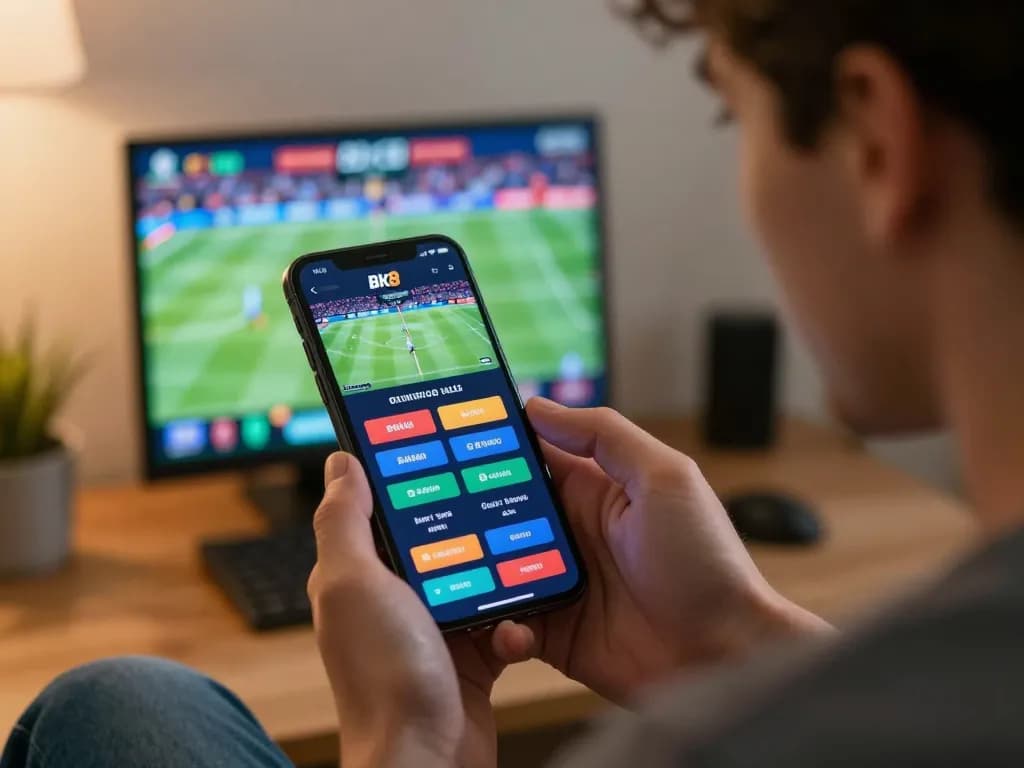 Engaged player using bk8 mobile betting app to select sports bets and experience live gaming.