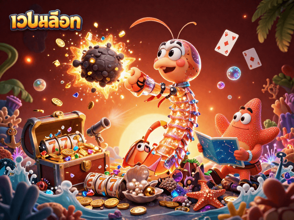 Engage in เว็บสล็อต excitement as the mystical samurai shrimp explodes treasures in a dynamic casino landscape.