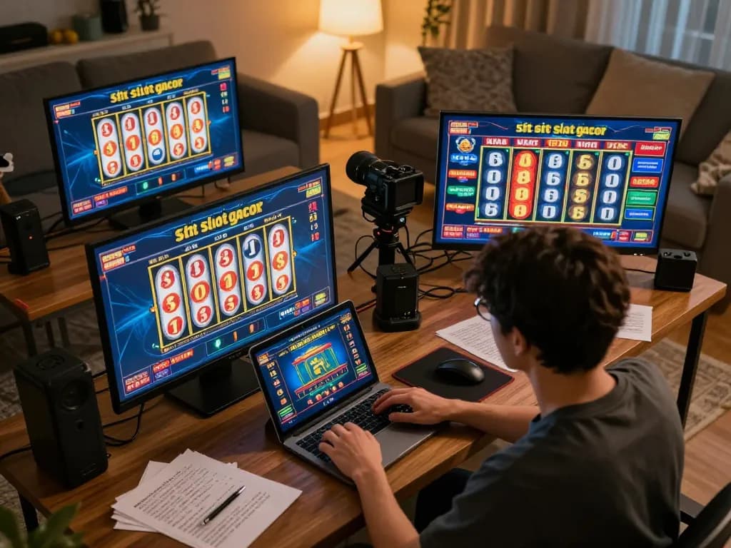 Situs slot gacor gameplay in a cozy online gaming setup with strategy notes and multiple devices.