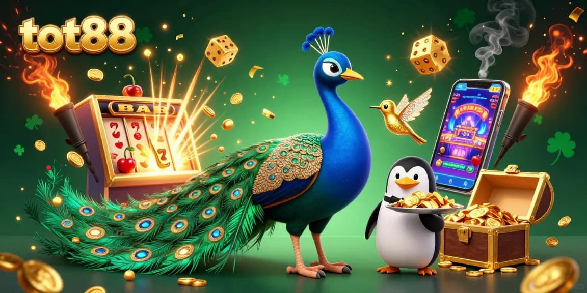 Experience the thrill of gaming with tot88, highlighted by a vibrant casino scene filled with gold treasures and festive symbols.