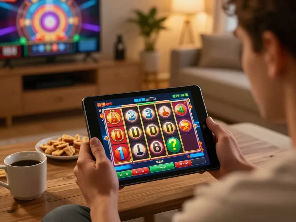 Player enjoying an exciting slot online game on a tablet in a cozy home setting.