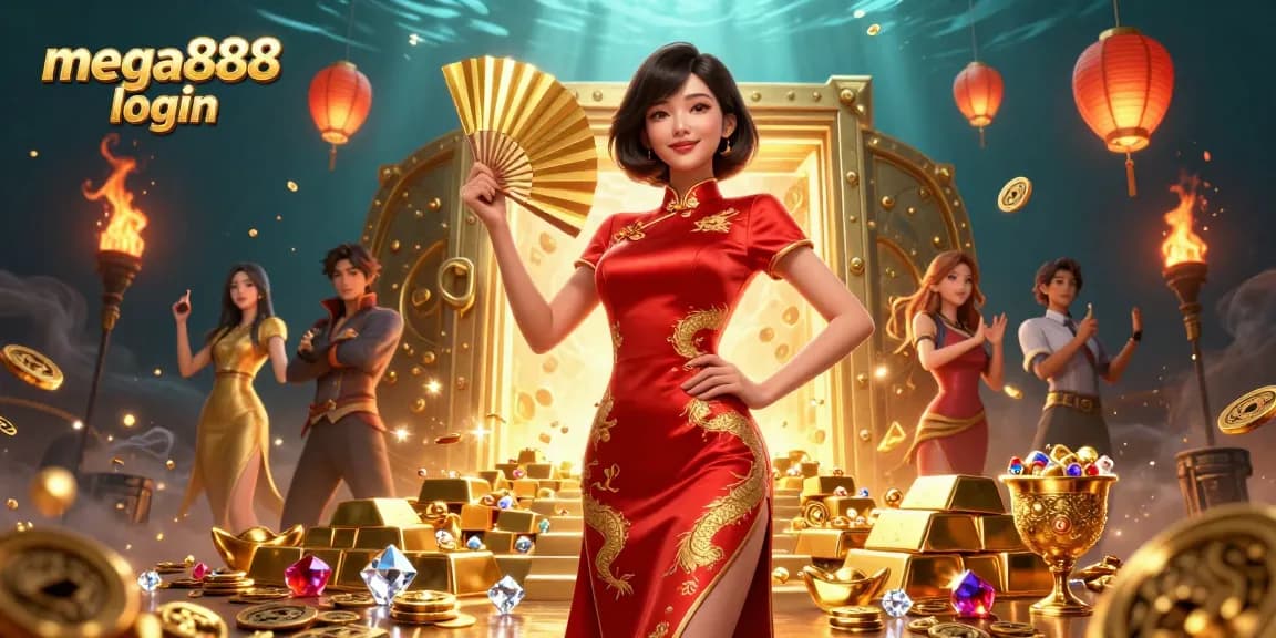 Terlibat dalam login mega888 dan temui harta karun emas dalam ilustrasi bertema kasino yang ceria.