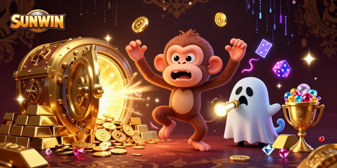 SUNWIN game scene with a mischievous poltergeist monkey juggling golden coins in a haunted casino atmosphere.