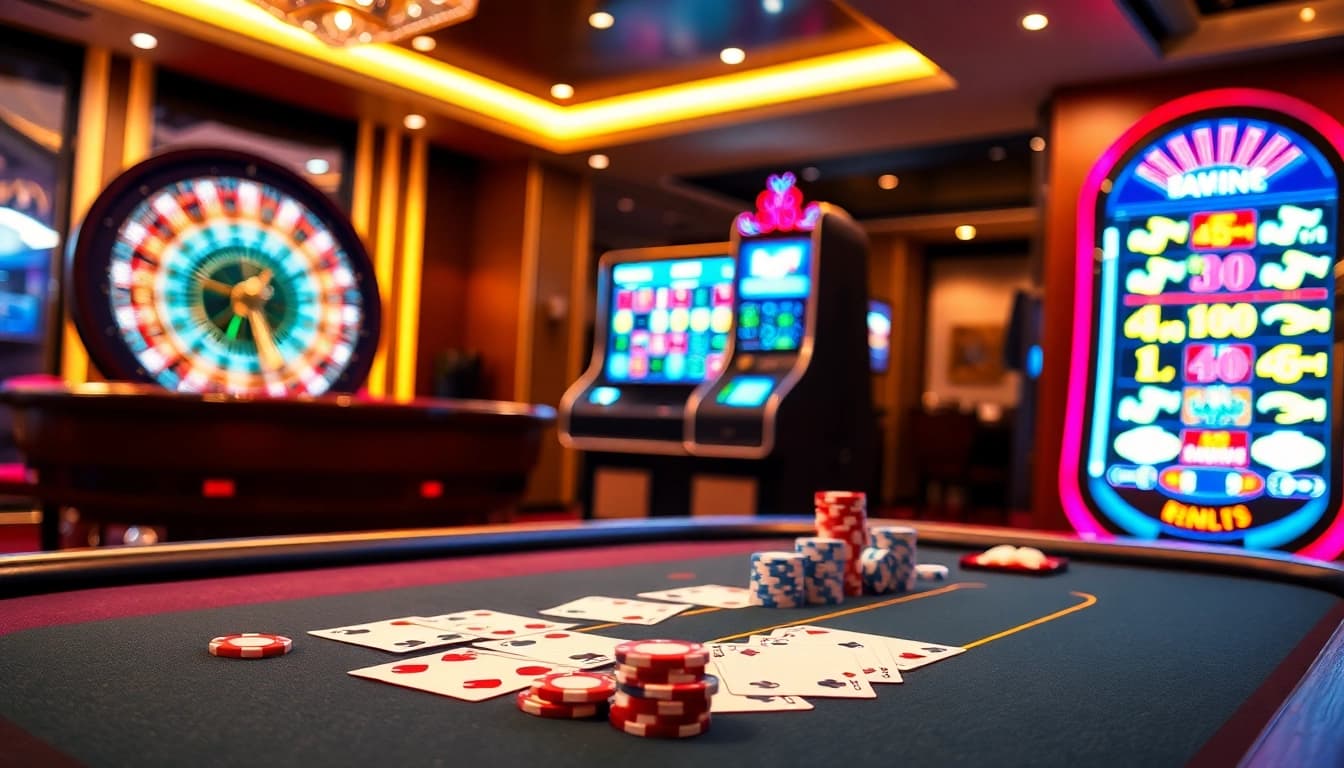 Experience the excitement of game 98win at a luxurious casino blackjack table with colorful cards and chips.