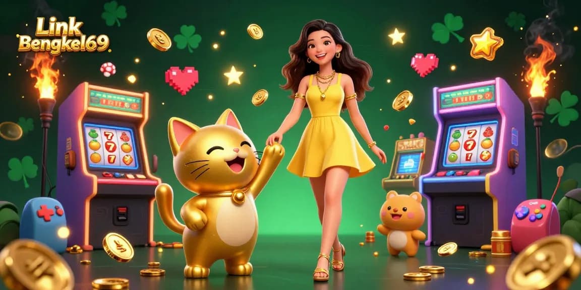 Feel the excitement with Link Bengkel69 in this vibrant illustration showcasing interactive slot games with gold coins and lucky symbols.