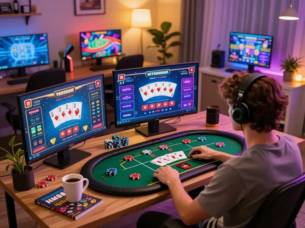 Experience strategic online gaming with HM88, showcasing vibrant screens and engaging setups.