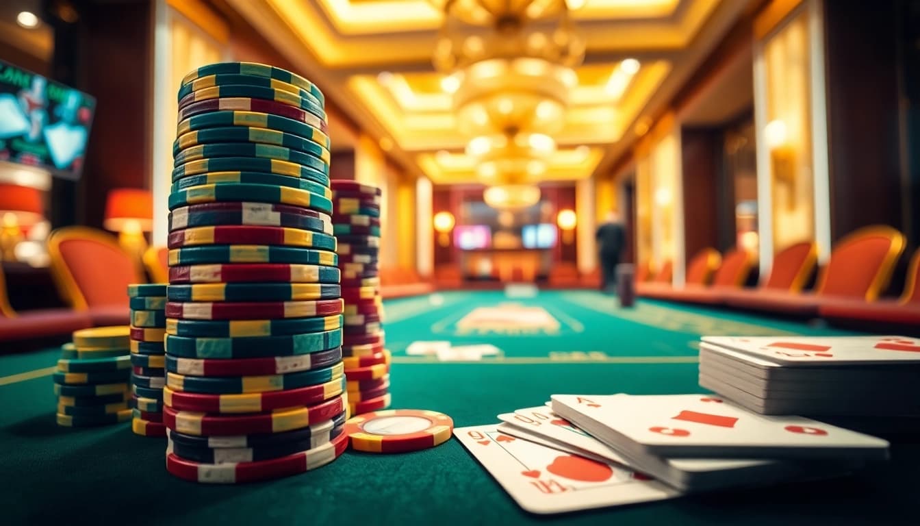Experience the thrill of Diwa777 at a vibrant casino table full of colorful chips and cards.