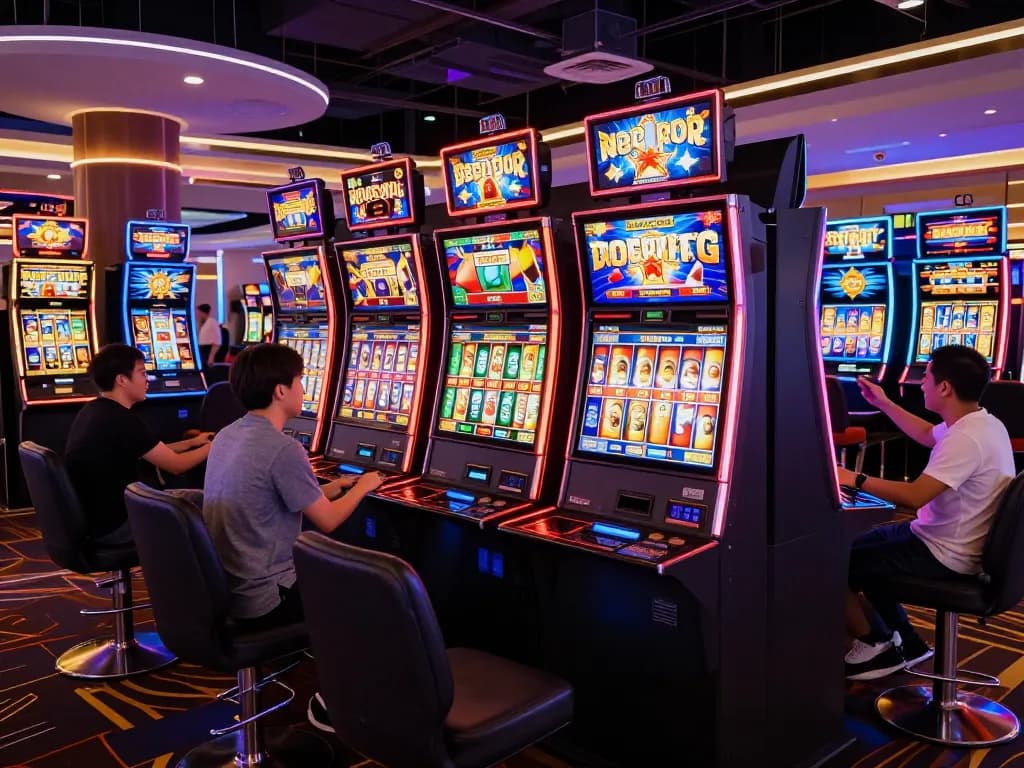 Players enjoying slot online games in a vibrant casino with colorful machines and cheering.
