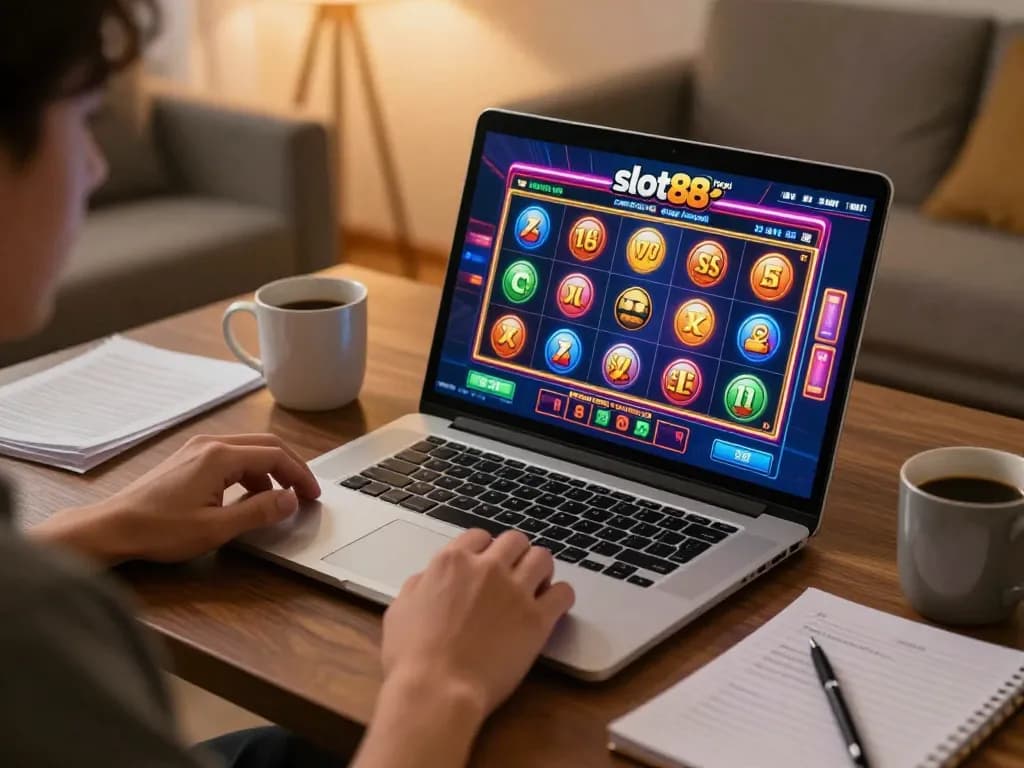 Player engaging with slot88 resmi on laptop while managing their online gaming strategy.