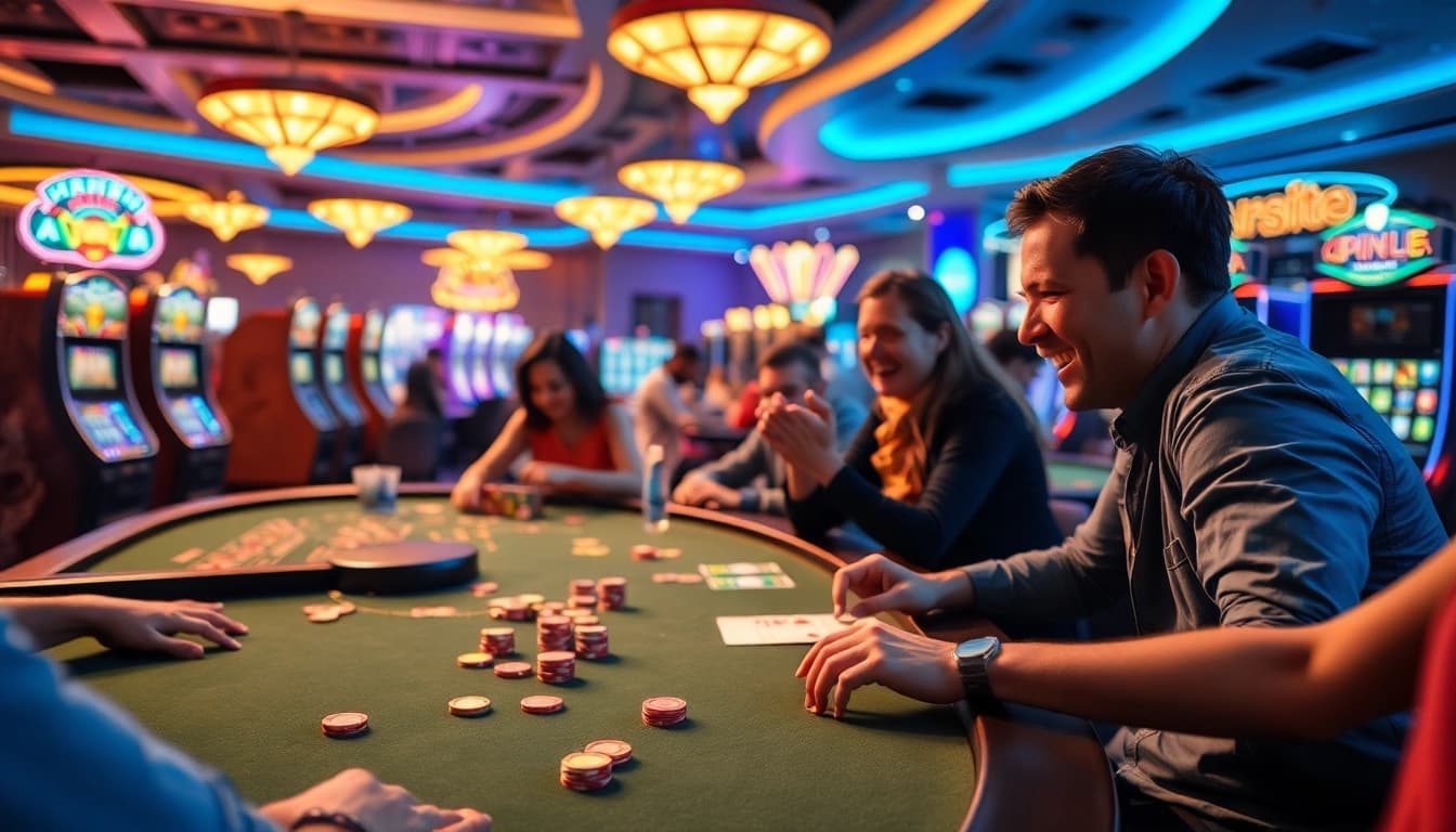 casino spielen an einem lebhaften Tisch mit Spielern, Chips und Karten
