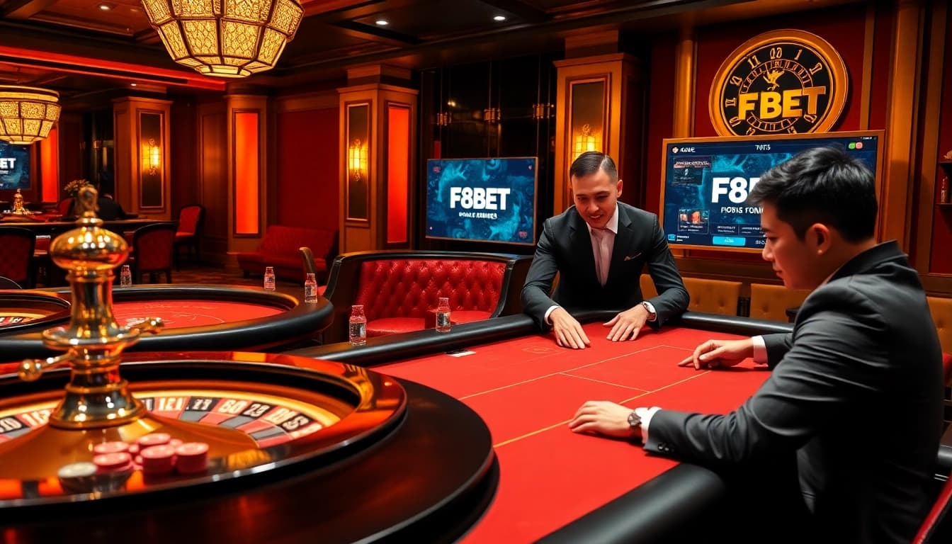 F8BET casino experience featuring players enjoying poker at luxurious tables with vibrant decor.