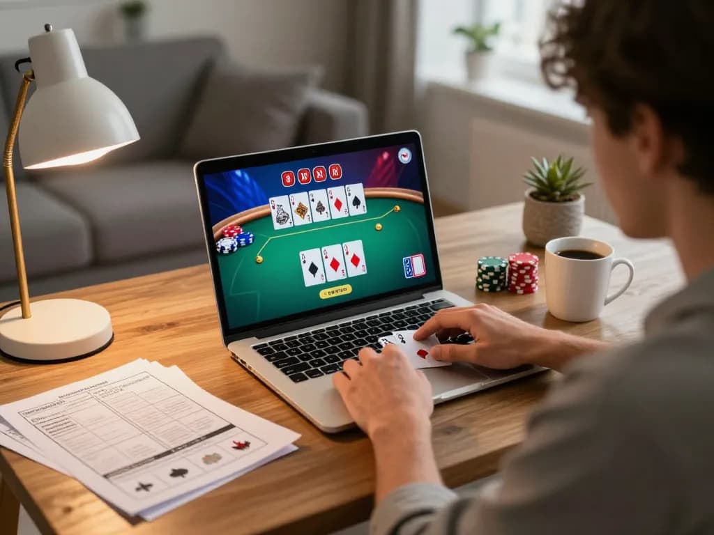 Player engaging in online poker using du88 strategy notes, showcasing thrilling gameplay and comfortable home setting.