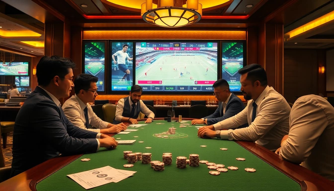 Exciting Judi Bola betting scene showcasing gamblers and vibrant casino atmosphere.
