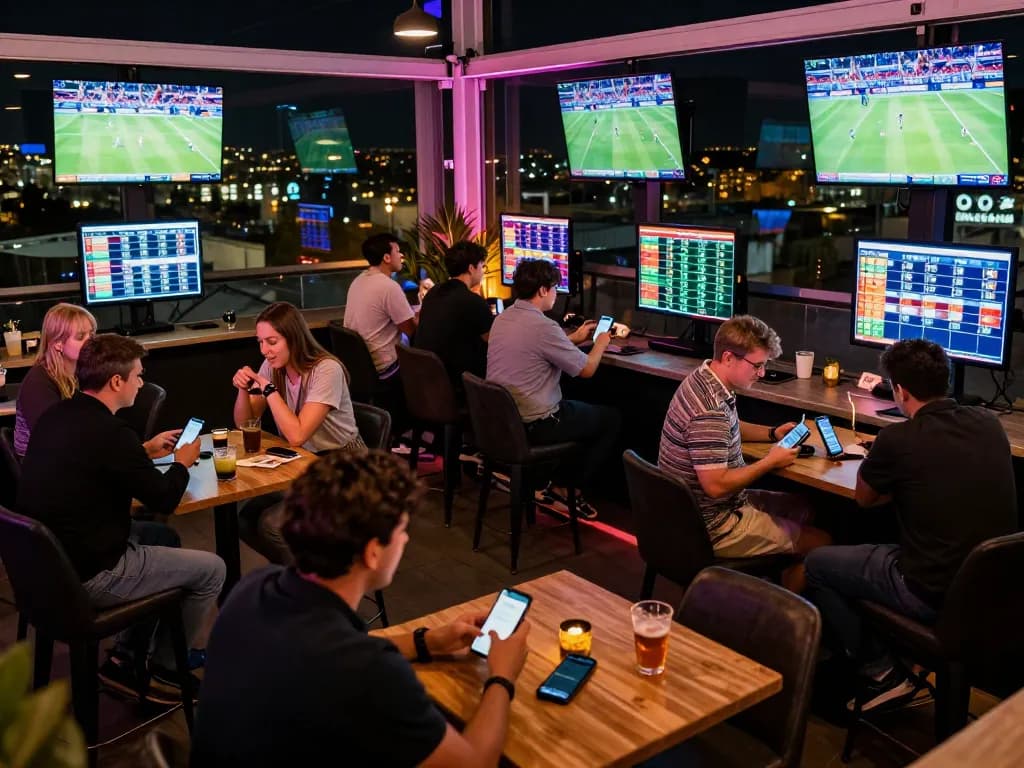 Experience thrilling sports betting at ok365 in a lively lounge setting with interactive screens