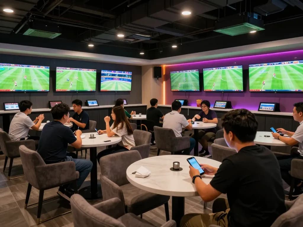 Fans engaged in sports betting and analyzing soi kèo odds on smartphones in an exciting lounge atmosphere
