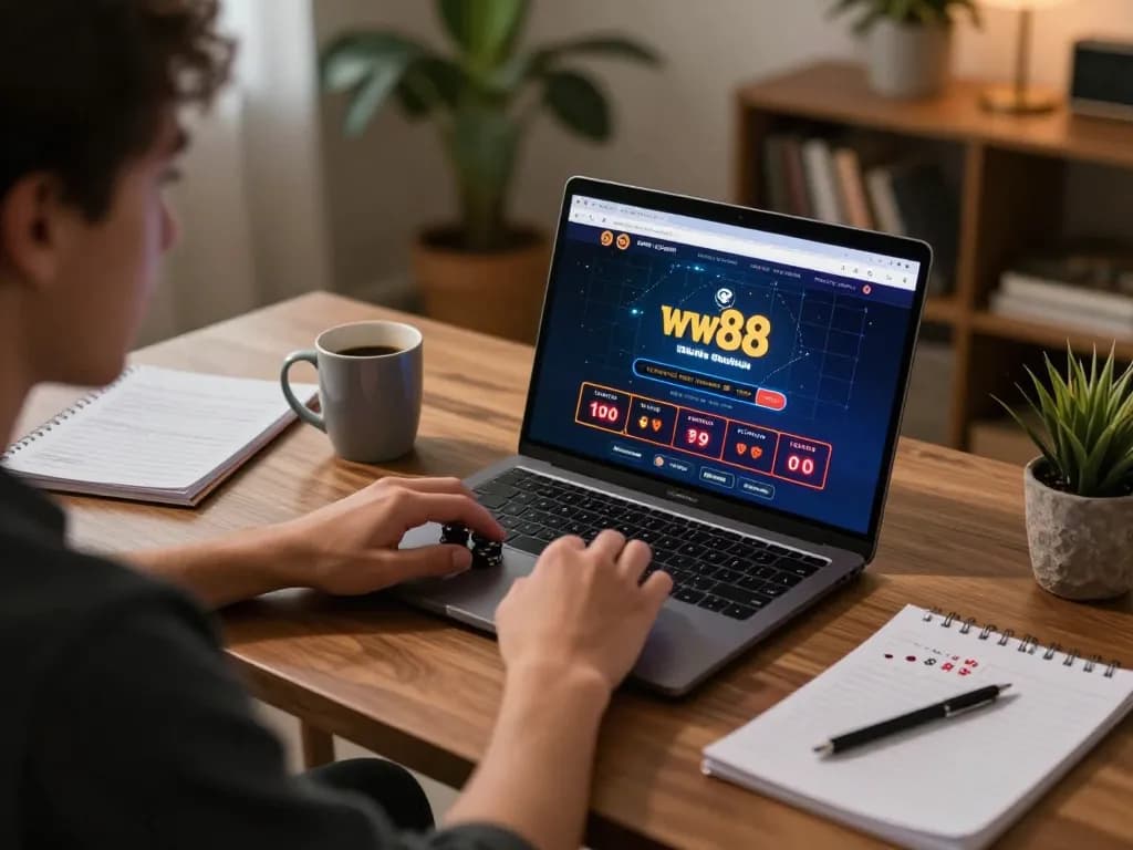 Player engaging with ww88 online casino on a laptop at home, surrounded by betting notes and a warm ambiance.
