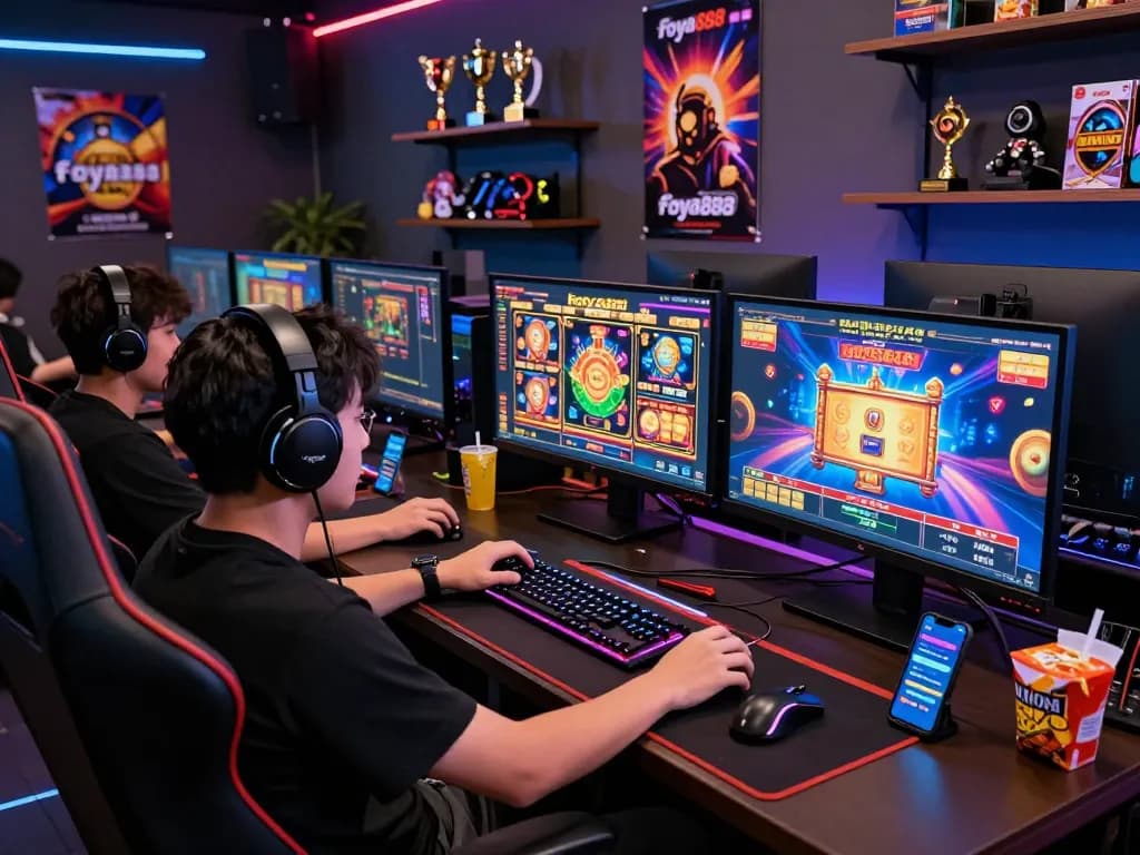 Immersive gaming setup featuring foya888 online platform with multiple screens and vibrant gaming atmosphere.