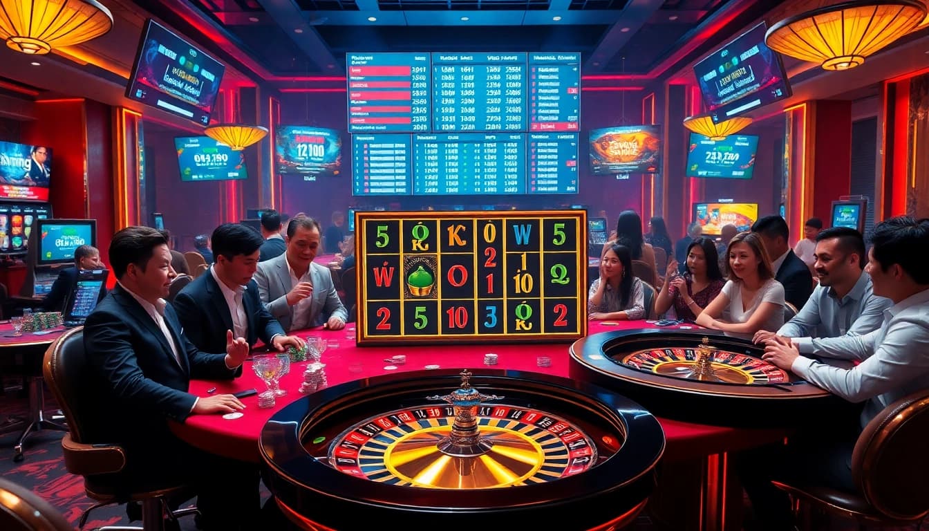 Nổ Hũ Đổi Thưởng at a vibrant casino, showcasing slot machines and intense players around a table.