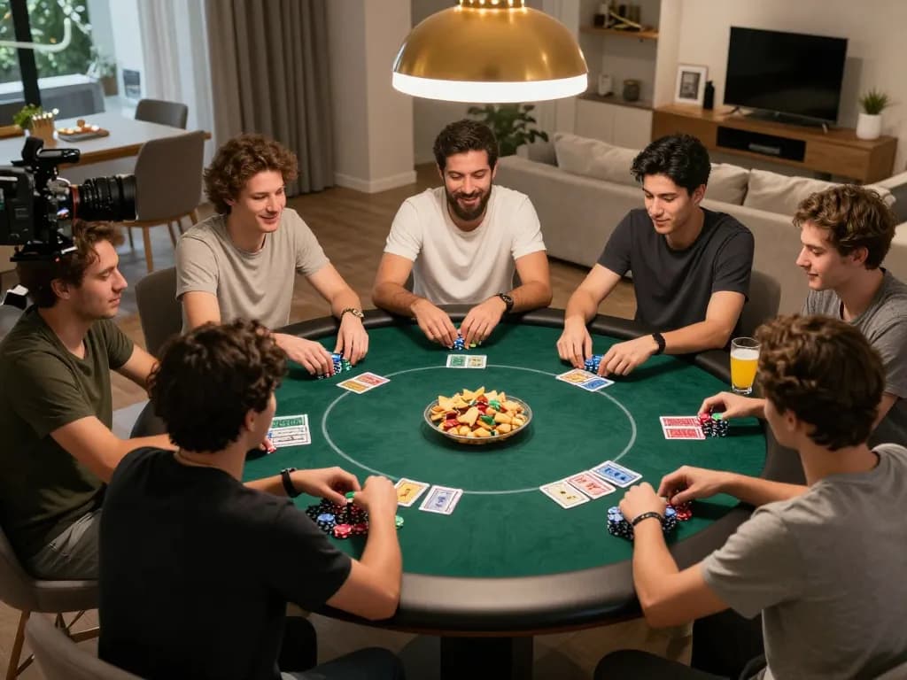 TR88 players enjoying a lively home poker night with chips and cards on the table and drinks around.