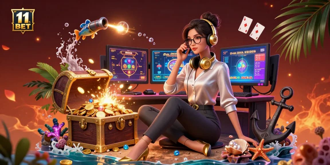 Engage in thrilling gameplay with 11 BET, featuring a professional gamer at a high-tech setup surrounded by casino elements.