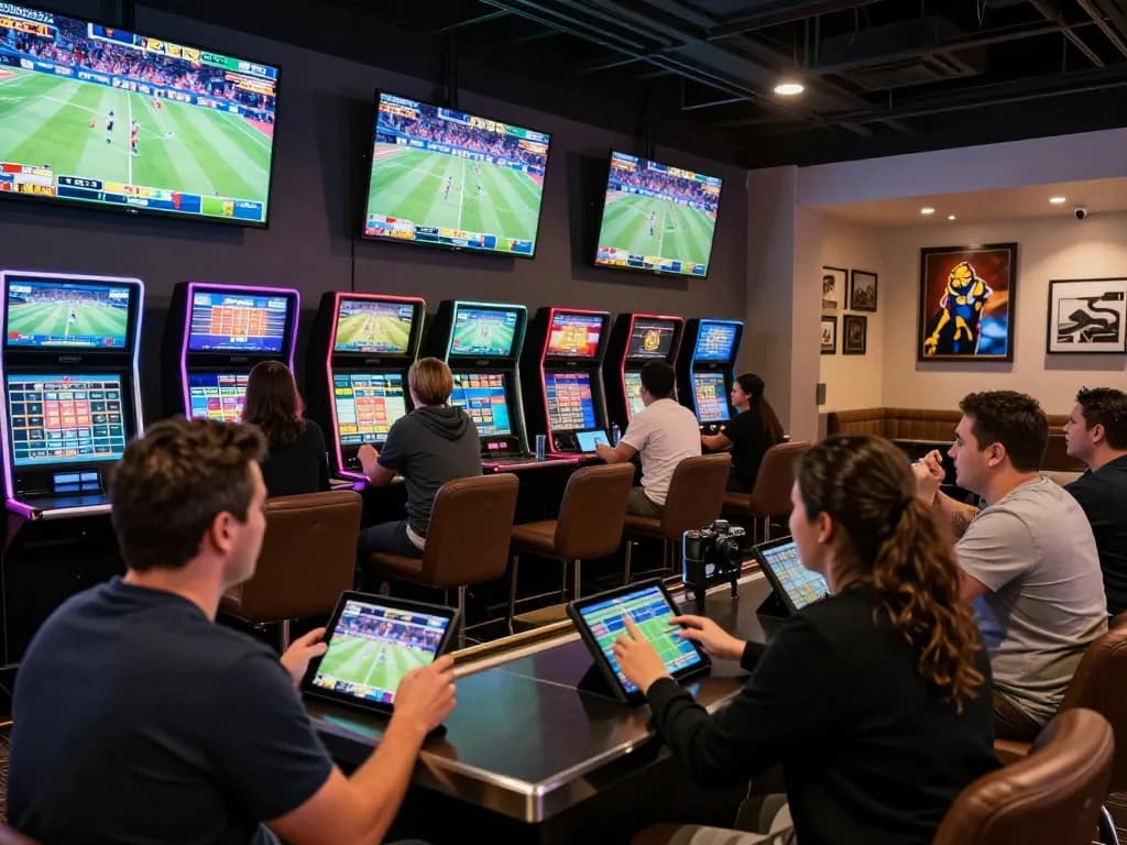 kegembiraan taruhan situs togel di lounge olahraga kasino modern dengan layar dan pengunjung.