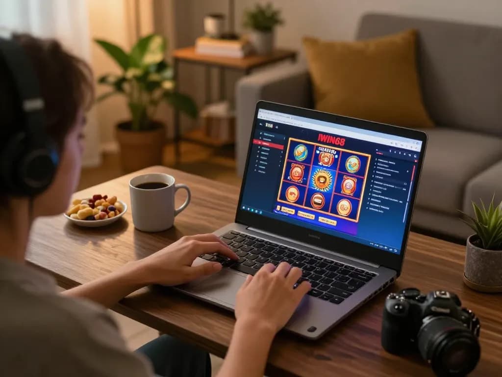 IWIN68 player enjoying an online casino game on laptop at home with strategic notes nearby.