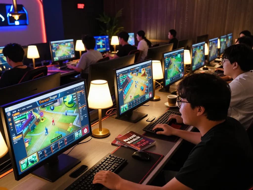 Dewatogel Link Alternatif Login Terbaru shown in an enthusiastic online gambling scene with multiple screens and cozy workspace
