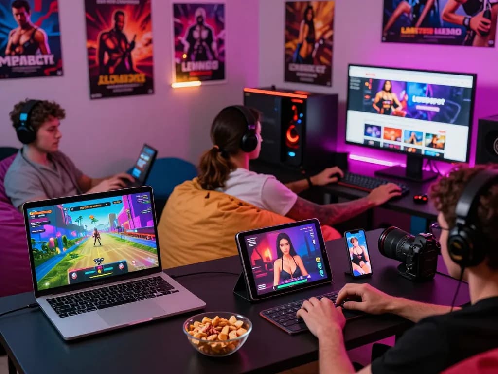 Engaging scene of adult gamers playing porngames on multiple devices in a vibrant gaming room.