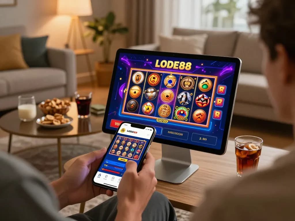 Player enjoying LODE88 mobile app with interactive games in a cozy home setting