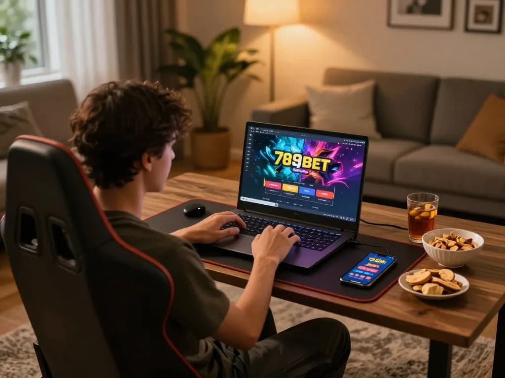 Engaged player enjoying online gaming on 789bet with a stylish setup and snacks.
