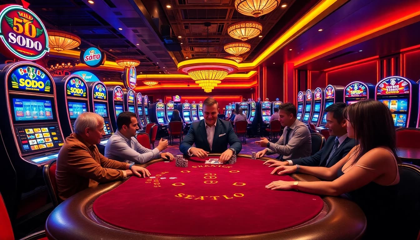 SODO Casino experience with players at a poker table, showcasing luxury and excitement.
