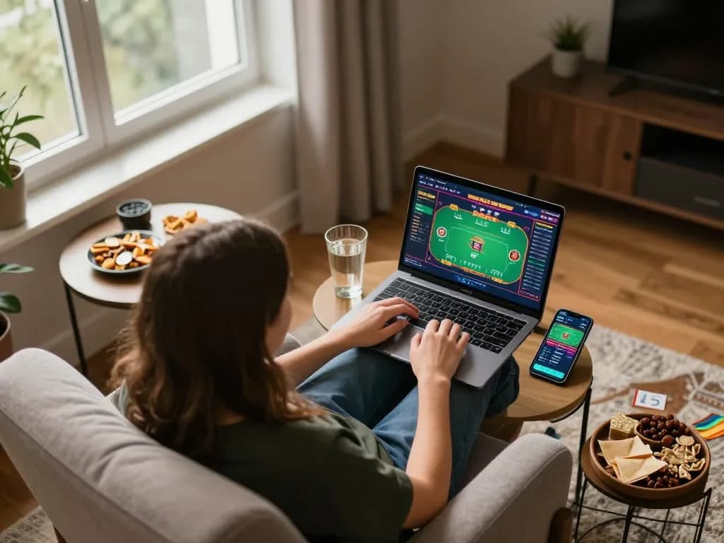 Pengaturan perjudian online yang menarik menampilkan permainan poker todosobrecomunicacion di laptop dengan aplikasi taruhan olahraga di smartphone dalam lingkungan rumah yang nyaman.