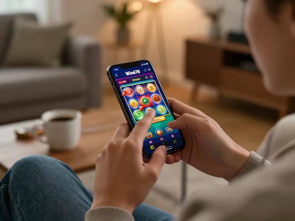 Engaging with Win678 casino app for immersive slot gameplay on smartphone in cozy home setup.