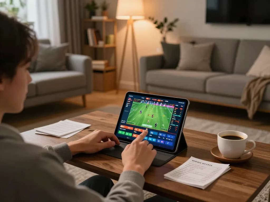 Engaging in online sports betting at home, showcasing the botanicabali experience with a tablet and cozy setup.