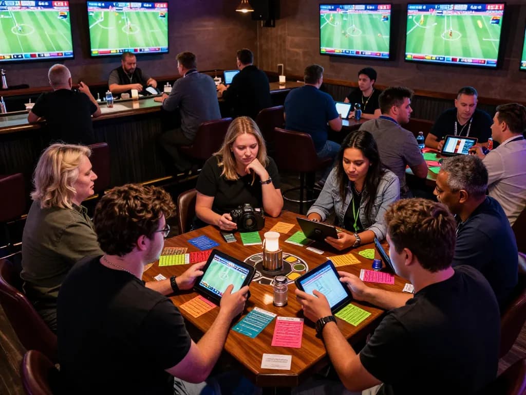 Active sports bettors analyzing ty le keo odds in a vibrant betting lounge atmosphere