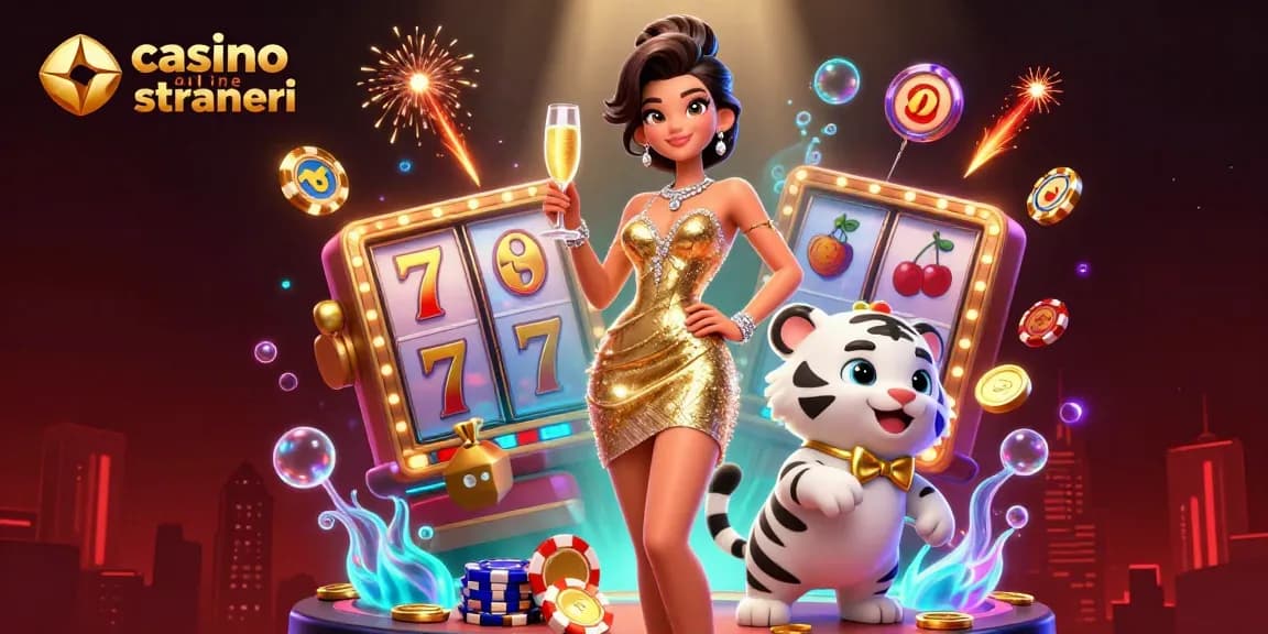 Vivi l'emozione nei casino online stranieri con una donna glamour e una tigre fortunata accanto a elementi di slot vibranti.
