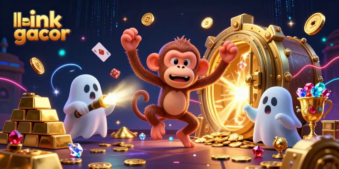 Experience the excitement of link gacor with a mischievous ghost monkey juggling treasures in a haunted casino scene.