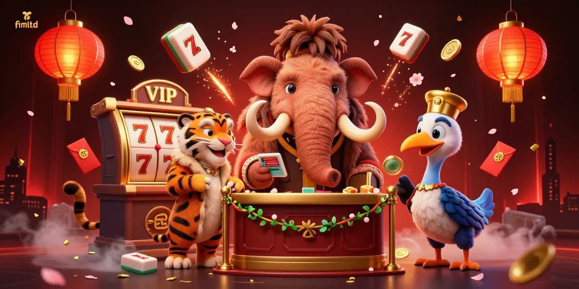 Energetic casino scene with fimltd characters showcasing slot reels and festive decorations.