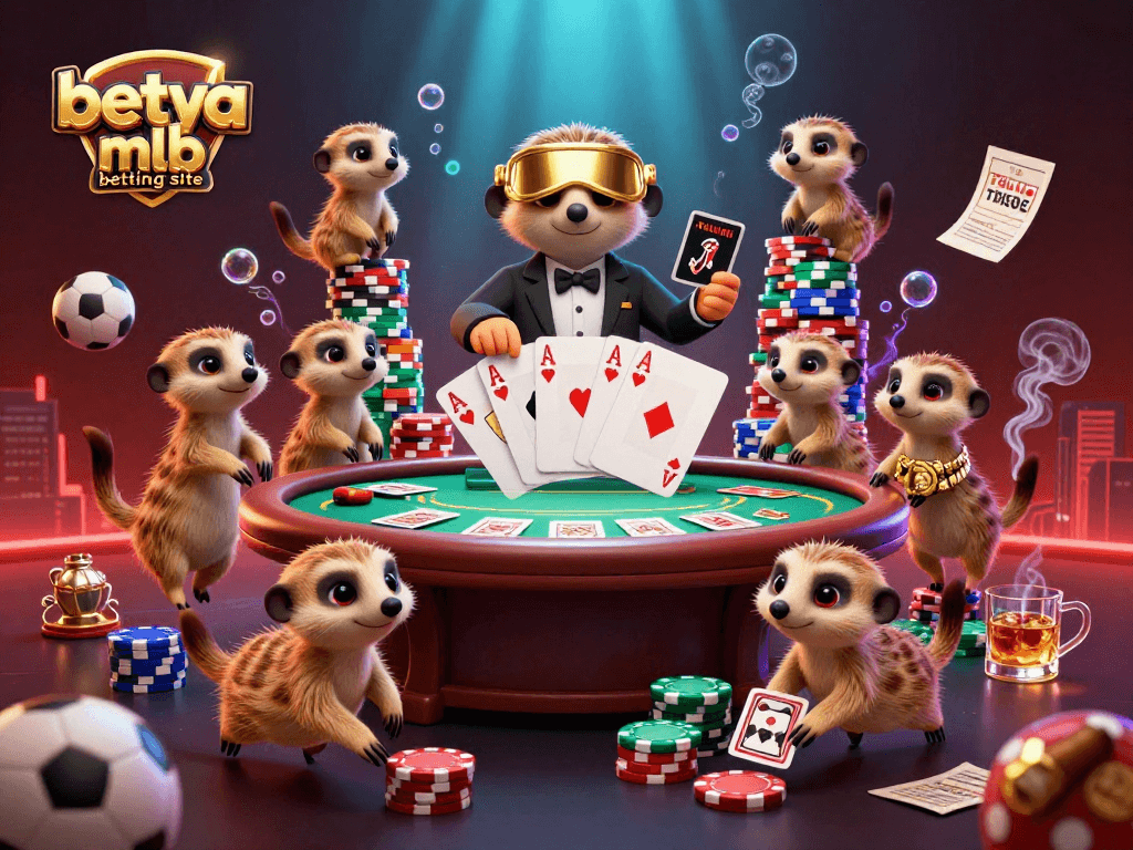 Engage in the excitement of betya mlb betting site with animated meerkats managing a vibrant sports casino scene.