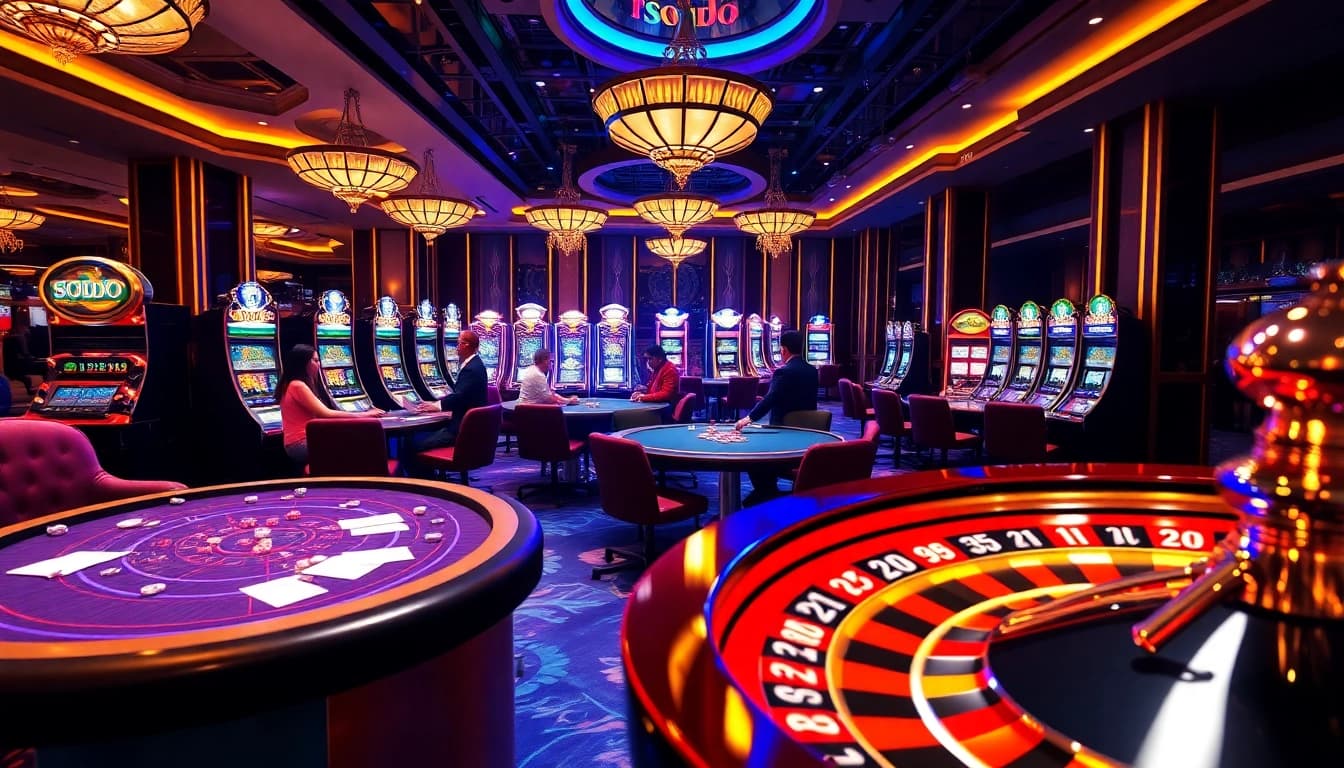 Experience SODO's thrilling gaming action at elegant poker tables with vibrant slot machines.