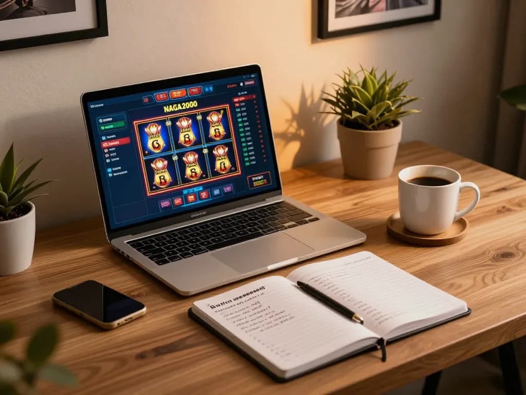 NAGA2000 online gaming interface displayed on a laptop during a cozy home gaming session.