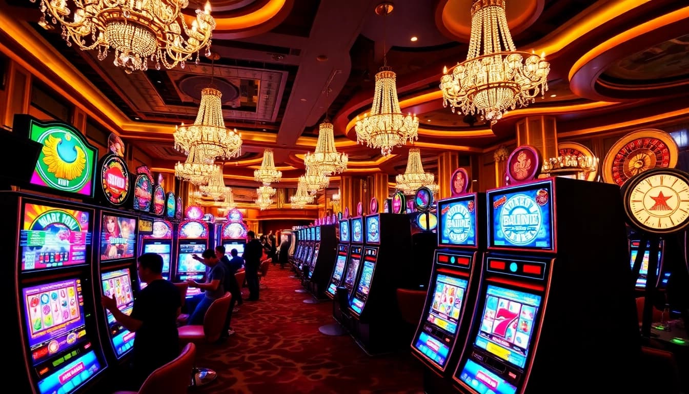 Para pemain menikmati mesin slot yang berwarna-warni di lingkungan kasino yang mewah.