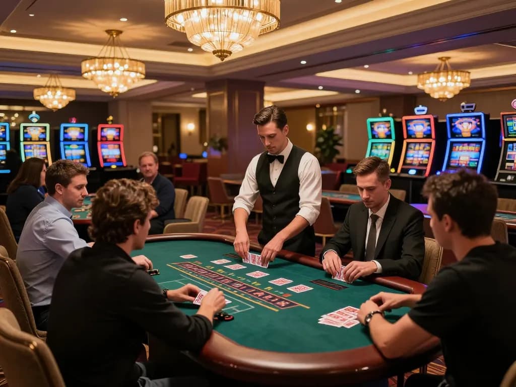 F8BET live casino scene with players engaged in blackjack game, dealer shuffling cards amidst elegant decor.