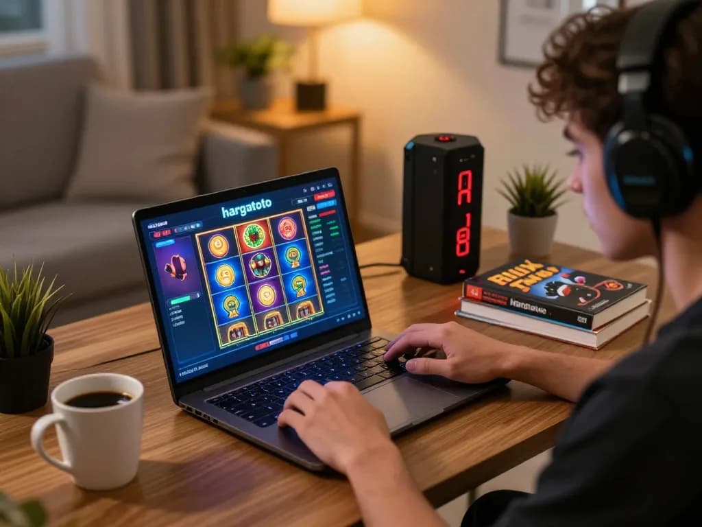 Pemain menganalisis permainan slot hargatoto di laptop, menekankan perjudian online yang strategis.
