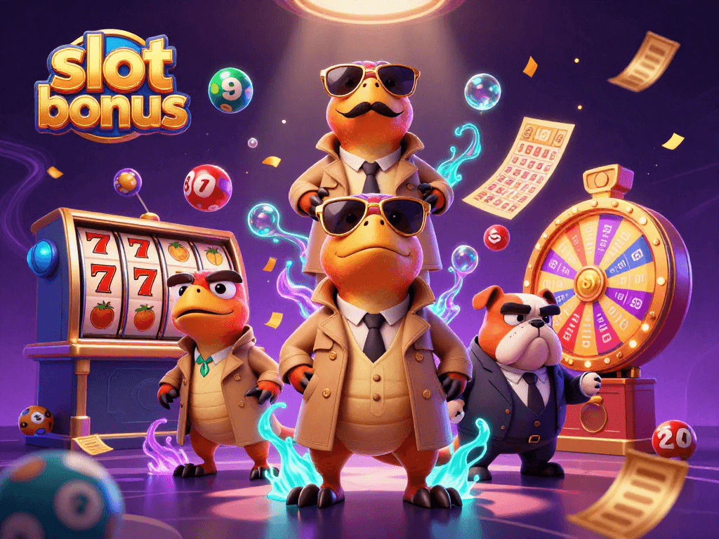 Experience thrilling slot bonuses as three raptors cleverly disguise themselves in a vibrant casino scene.
